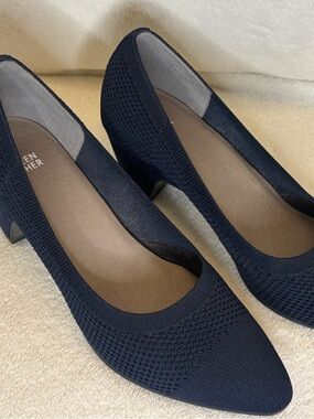 Eileen Fisher Navy Knit Pointed-Toe Block Heel Pumps Career Quiet Luxury Sz 10